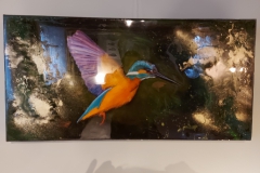 Ijsvogel acryl en mixed media op canvas 40x80cm